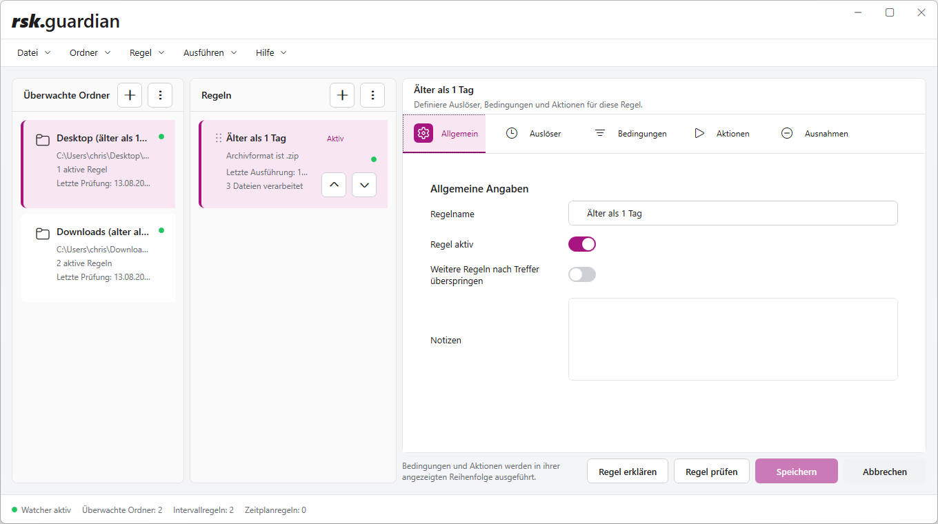 The main rsk.guardian 2 window showing monitored folders and rule configuration