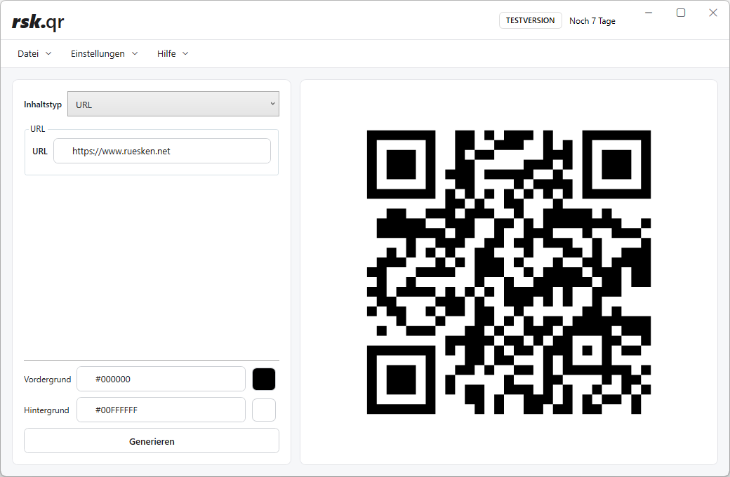 The main rsk.qr 2 window with input fields and a large QR code preview