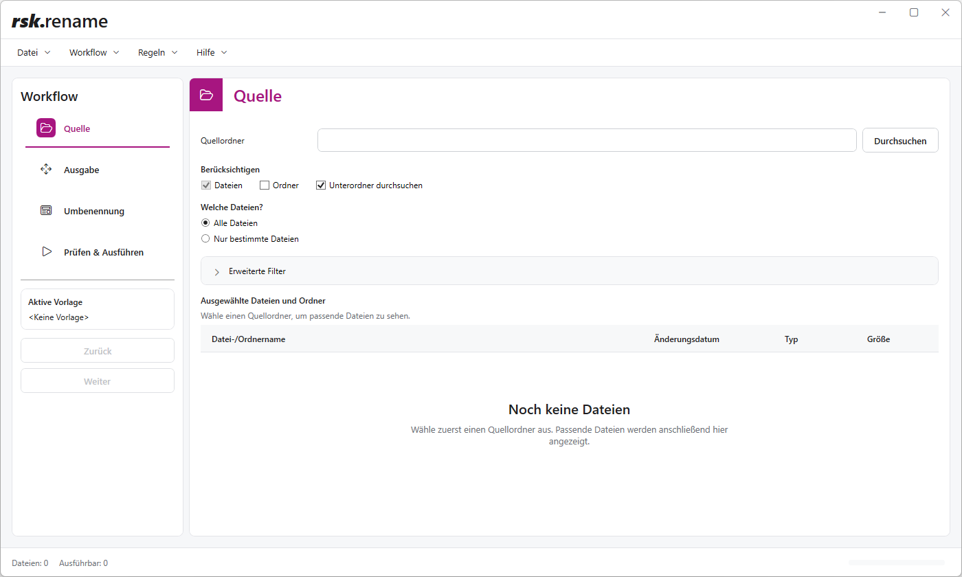 The main rsk.rename 2 window showing the multi-step file workflow